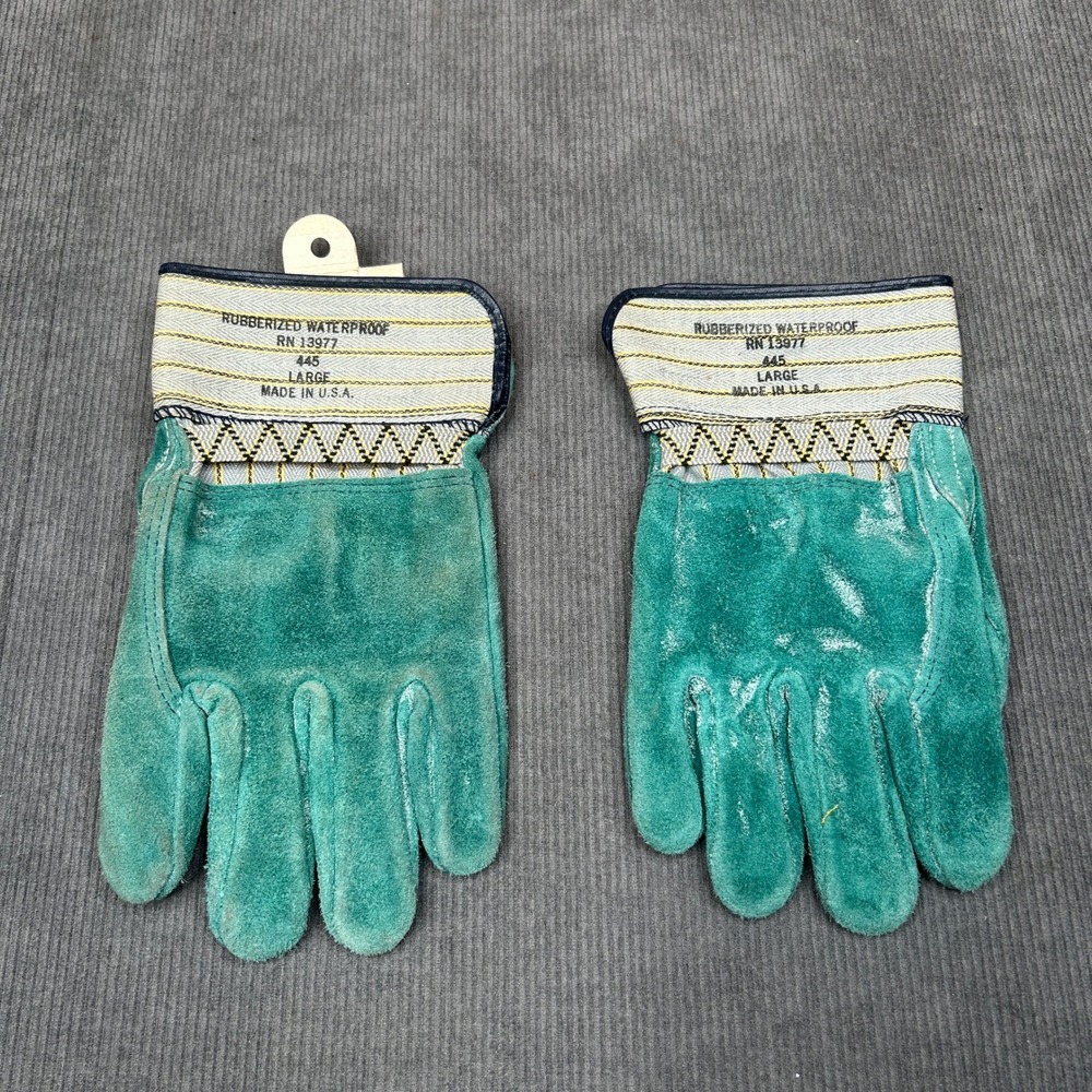 Vintage Boss 445 Wampum Leather Work Gloves Teal Green Rubberized Waterproof L